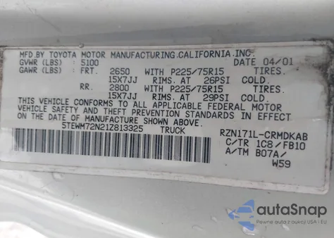 2001 Toyota Tacoma z USA, uszkodzony, nr VIN 5TEWM72N21Z813325